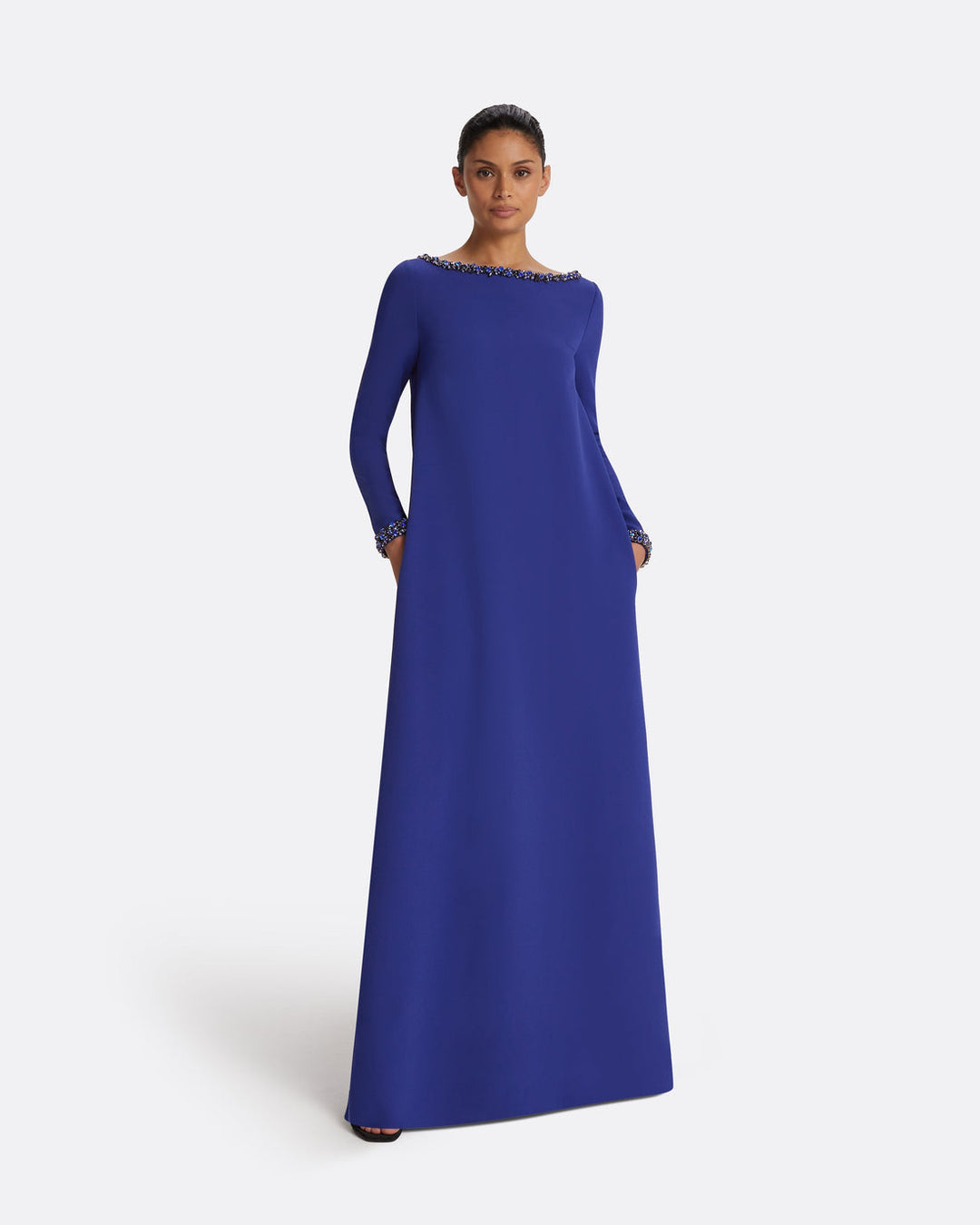 Jeweled-Trim Trapeze Maxi Dress